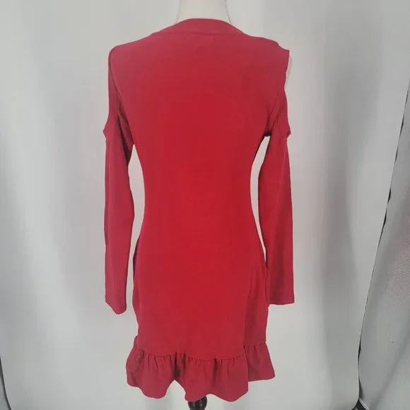 AVEC LES FILLES Women's Red Cold Shoulder Ruffled Ribbed Dress Medium NWT - Picture 6 of 9